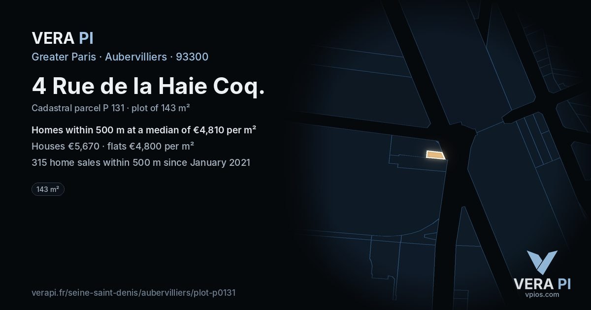 4 Rue de la Haie Coq, Aubervilliers at night – the plot lit, the parcels around coloured by the prices near them
