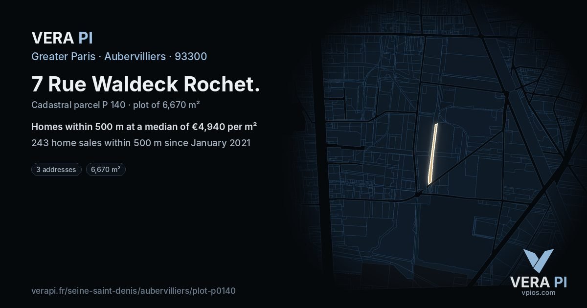 7 Rue Waldeck Rochet, Aubervilliers at night – the plot lit, the parcels around coloured by the prices near them