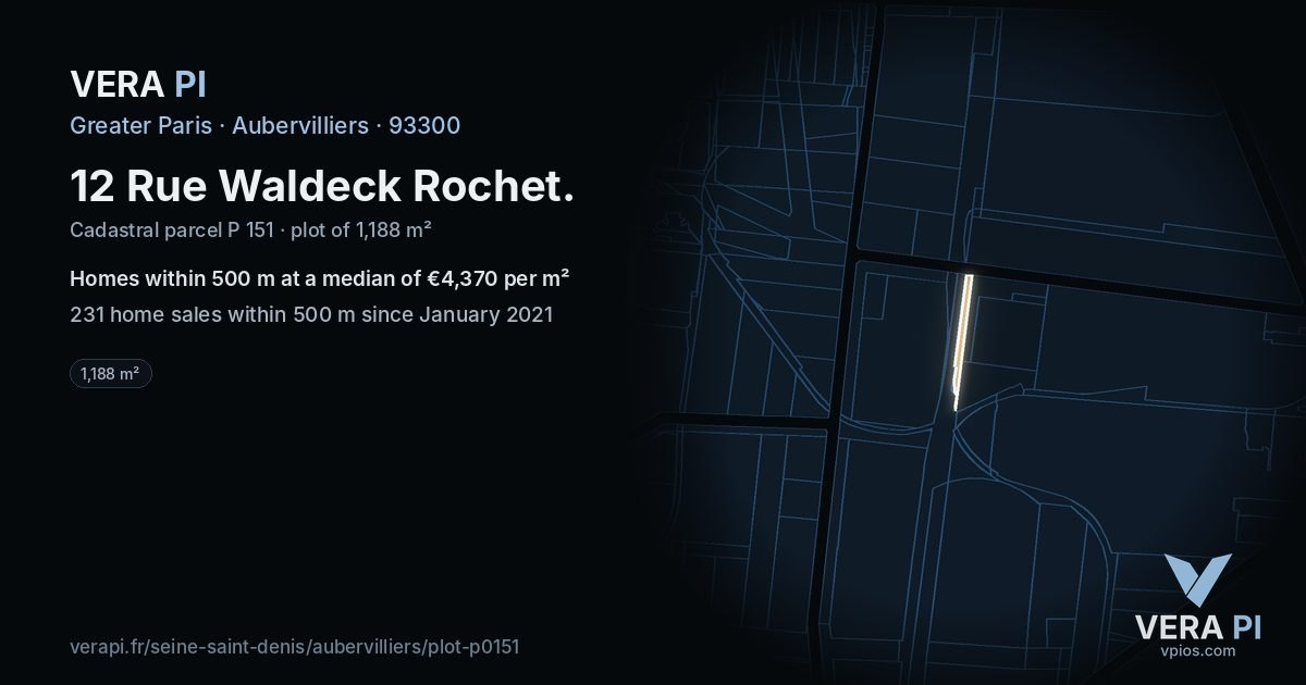 12 Rue Waldeck Rochet, Aubervilliers at night – the plot lit, the parcels around coloured by the prices near them