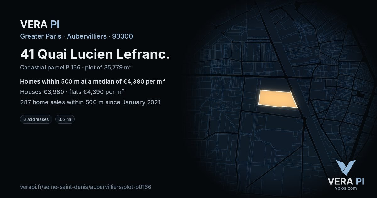 41 Quai Lucien Lefranc, Aubervilliers at night – the plot lit, the parcels around coloured by the prices near them