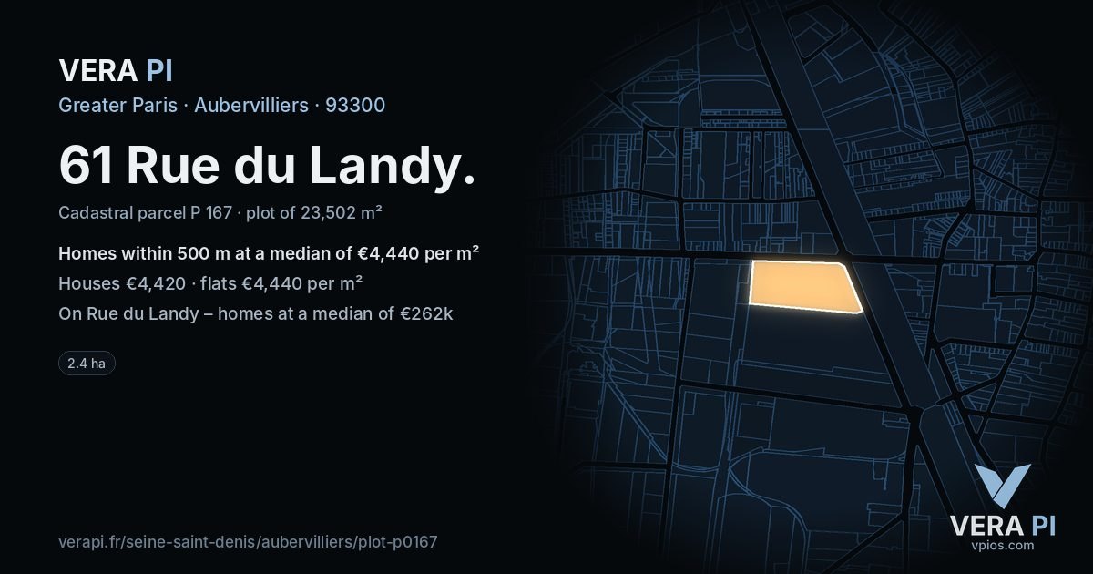 61 Rue du Landy, Aubervilliers at night – the plot lit, the parcels around coloured by the prices near them