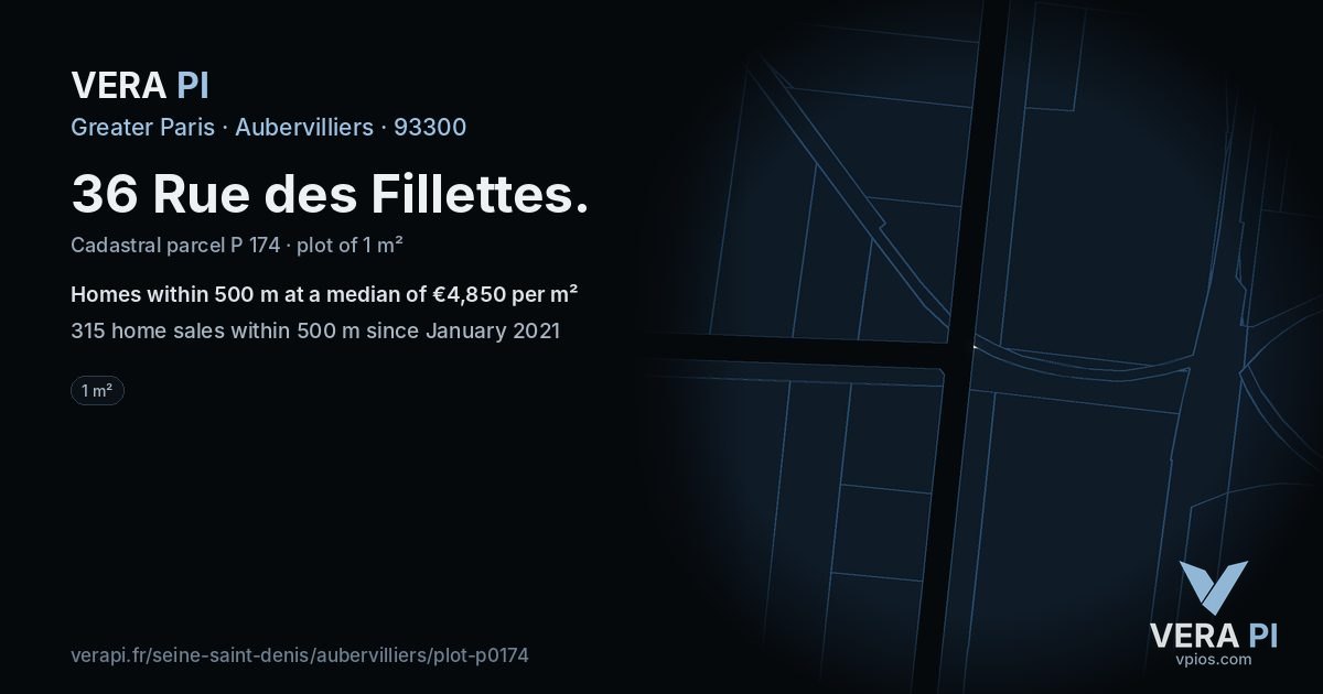 36 Rue des Fillettes, Aubervilliers at night – the plot lit, the parcels around coloured by the prices near them