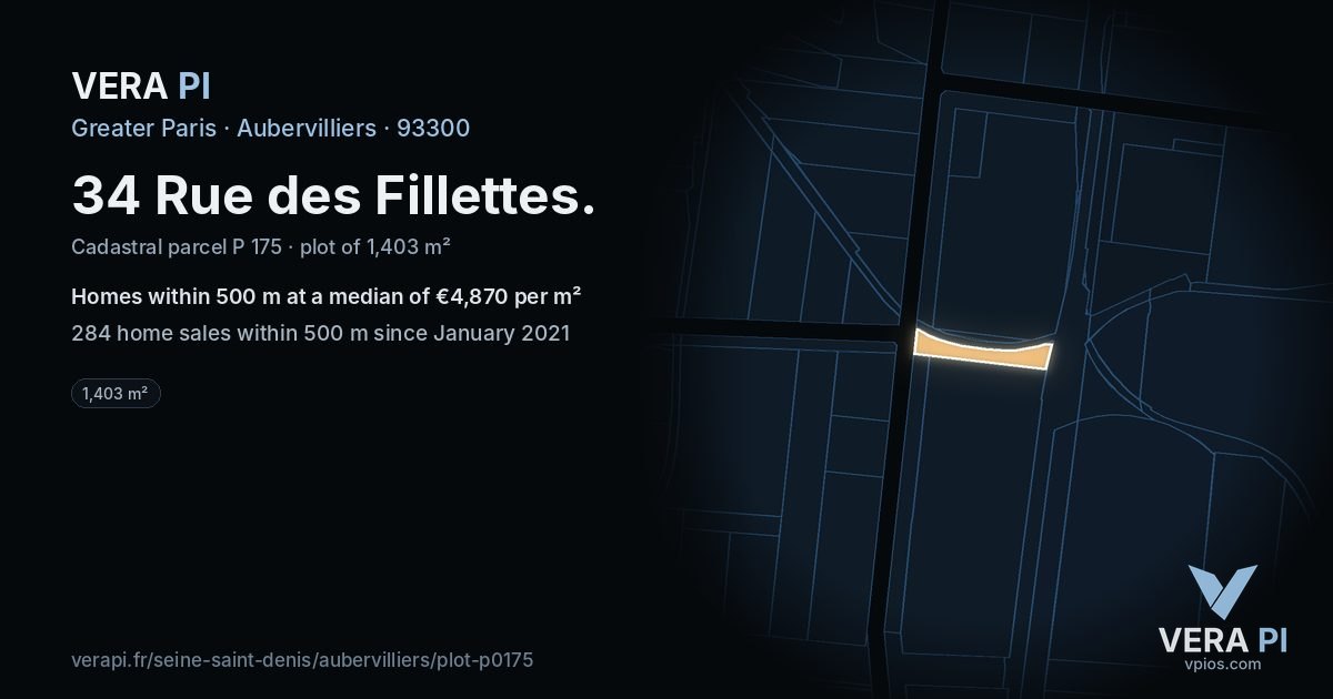 34 Rue des Fillettes, Aubervilliers at night – the plot lit, the parcels around coloured by the prices near them