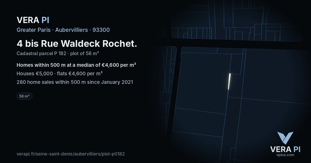4 bis Rue Waldeck Rochet, Aubervilliers at night – the plot lit, the parcels around coloured by the prices near them