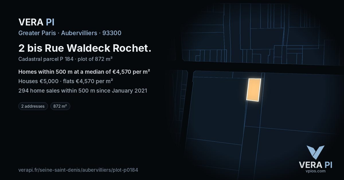 2 bis Rue Waldeck Rochet, Aubervilliers at night – the plot lit, the parcels around coloured by the prices near them