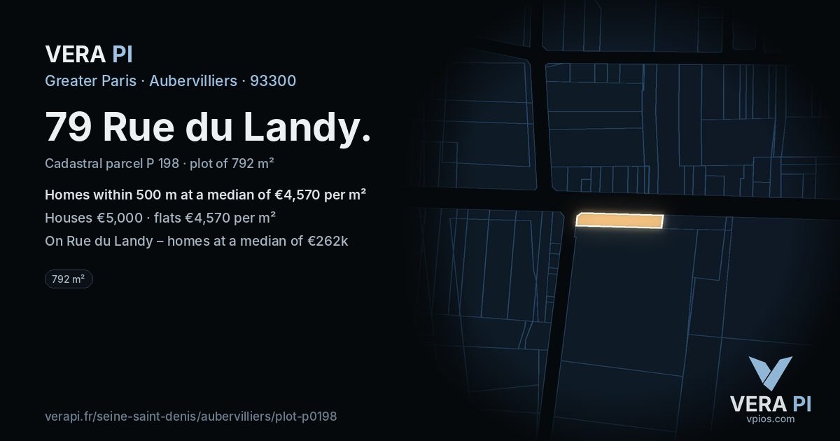 79 Rue du Landy, Aubervilliers at night – the plot lit, the parcels around coloured by the prices near them