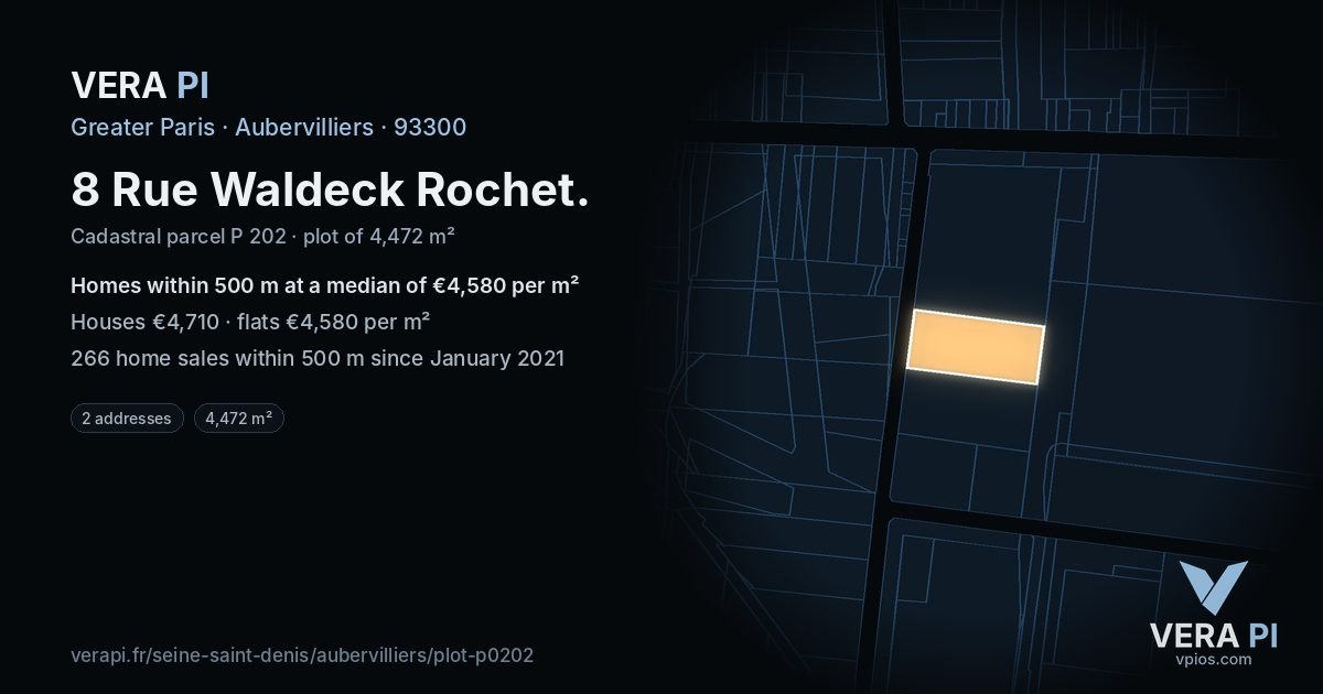 8 Rue Waldeck Rochet, Aubervilliers at night – the plot lit, the parcels around coloured by the prices near them