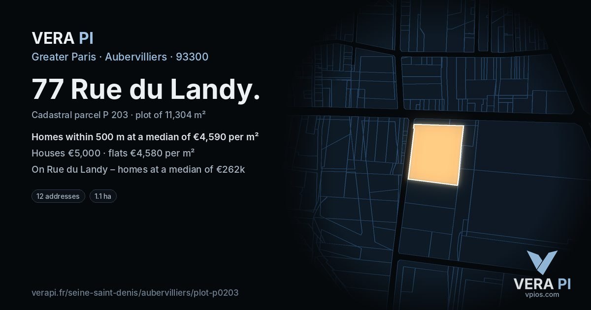 77 Rue du Landy, Aubervilliers at night – the plot lit, the parcels around coloured by the prices near them