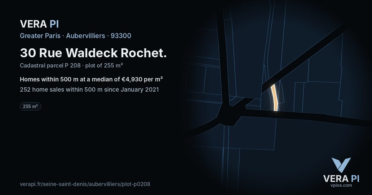 30 Rue Waldeck Rochet, Aubervilliers at night – the plot lit, the parcels around coloured by the prices near them