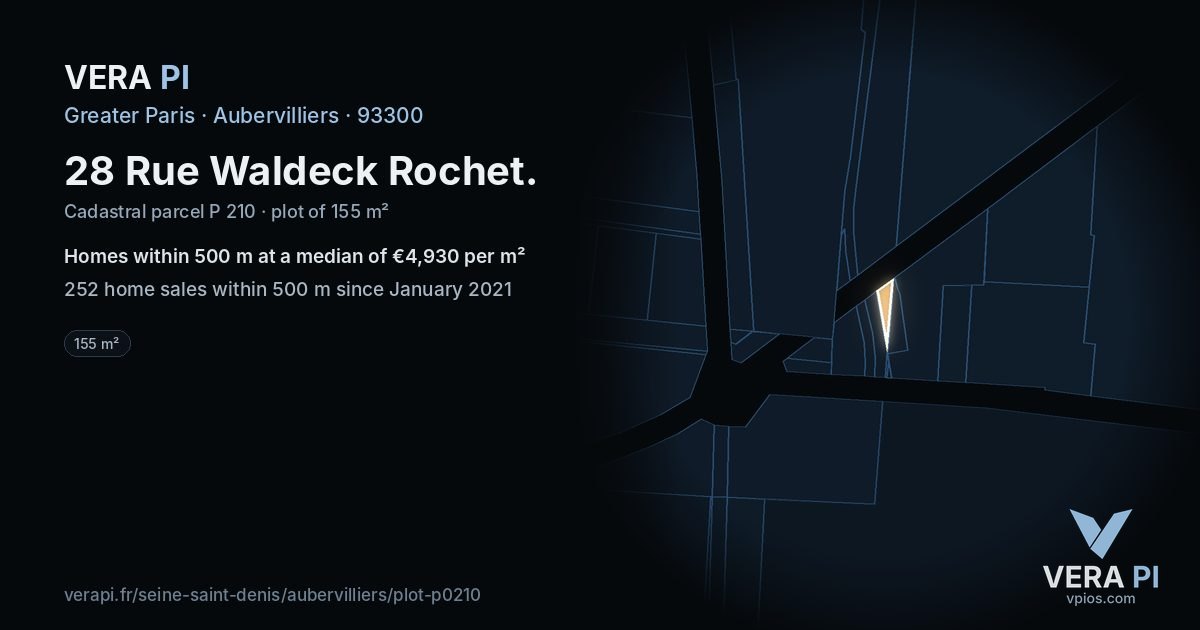 28 Rue Waldeck Rochet, Aubervilliers at night – the plot lit, the parcels around coloured by the prices near them