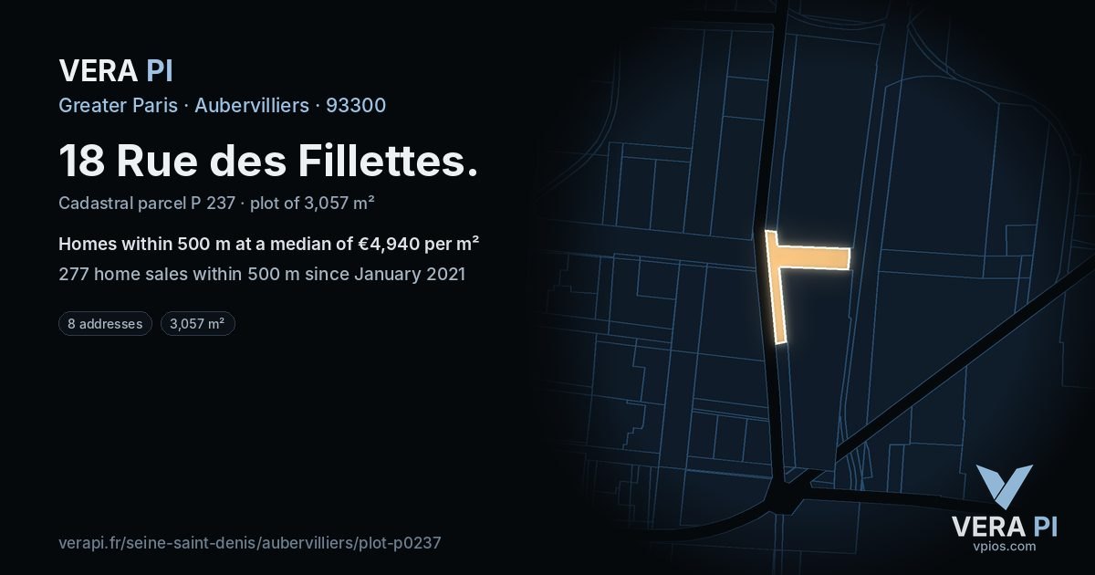 18 Rue des Fillettes, Aubervilliers at night – the plot lit, the parcels around coloured by the prices near them