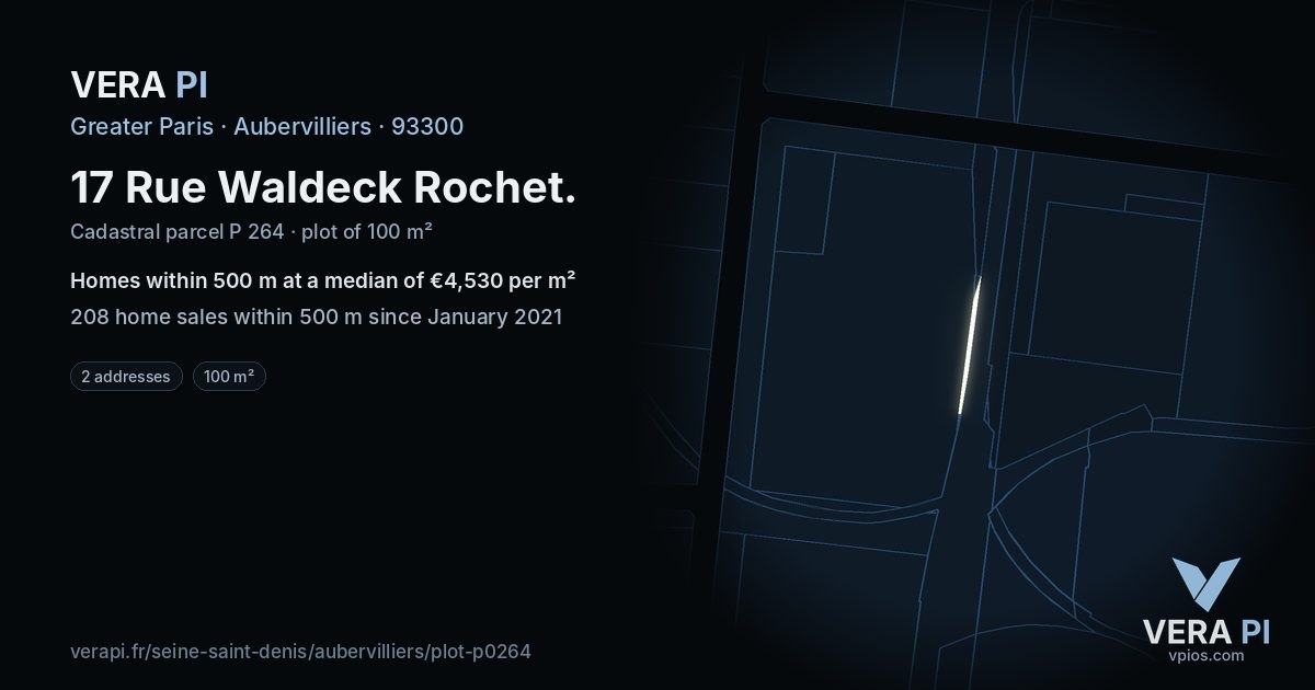 17 Rue Waldeck Rochet, Aubervilliers at night – the plot lit, the parcels around coloured by the prices near them