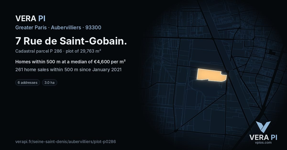 7 Rue de Saint-Gobain, Aubervilliers at night – the plot lit, the parcels around coloured by the prices near them