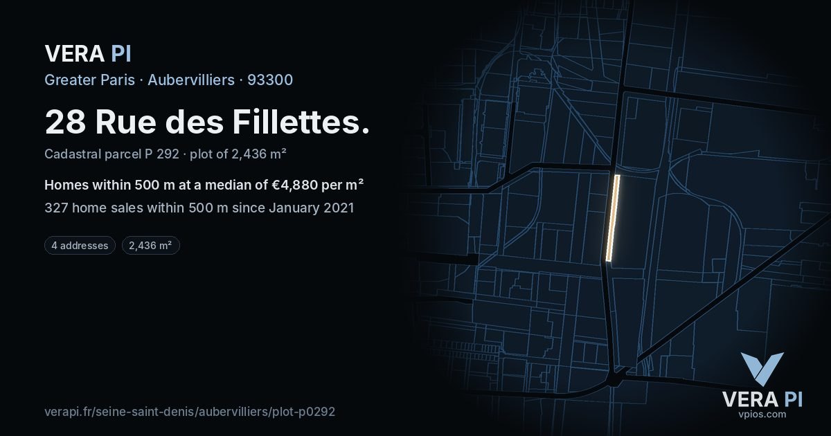 28 Rue des Fillettes, Aubervilliers at night – the plot lit, the parcels around coloured by the prices near them