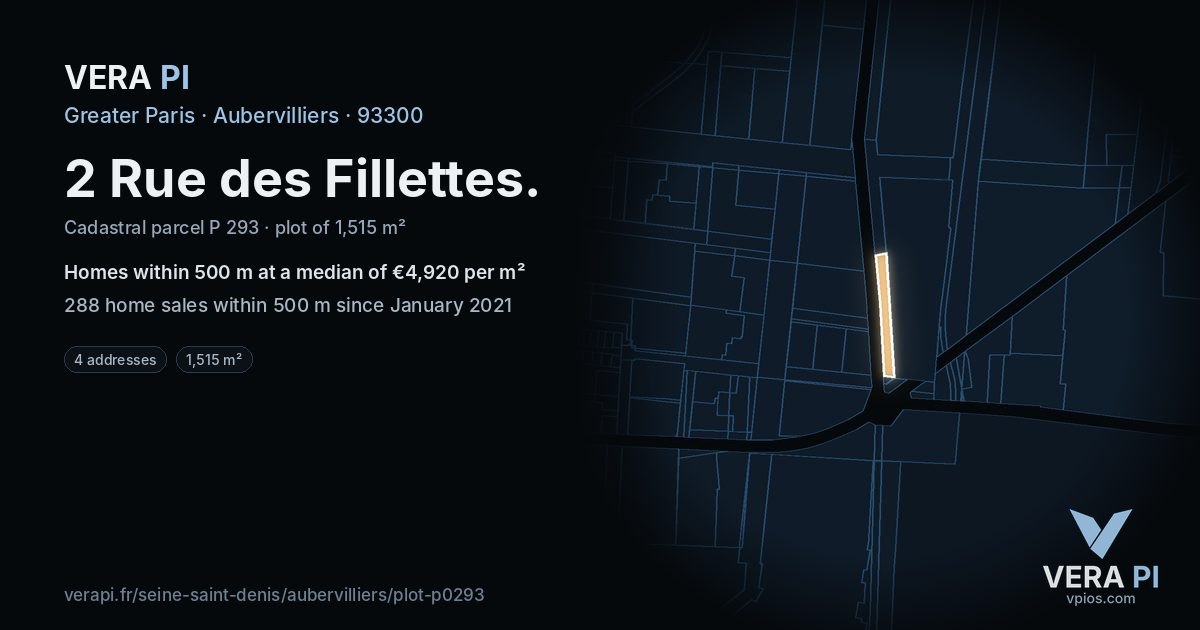2 Rue des Fillettes, Aubervilliers at night – the plot lit, the parcels around coloured by the prices near them