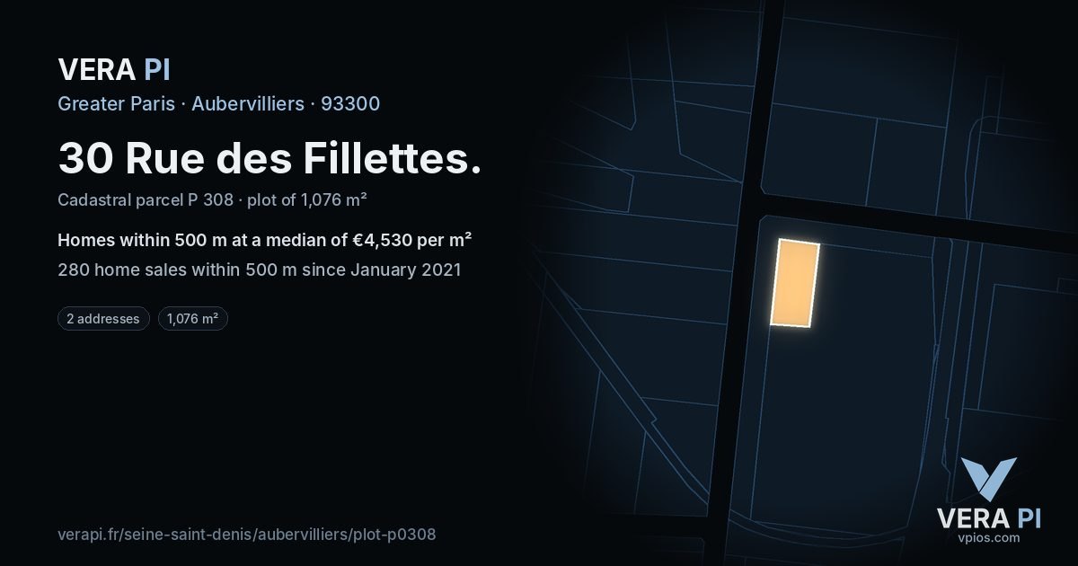 30 Rue des Fillettes, Aubervilliers at night – the plot lit, the parcels around coloured by the prices near them