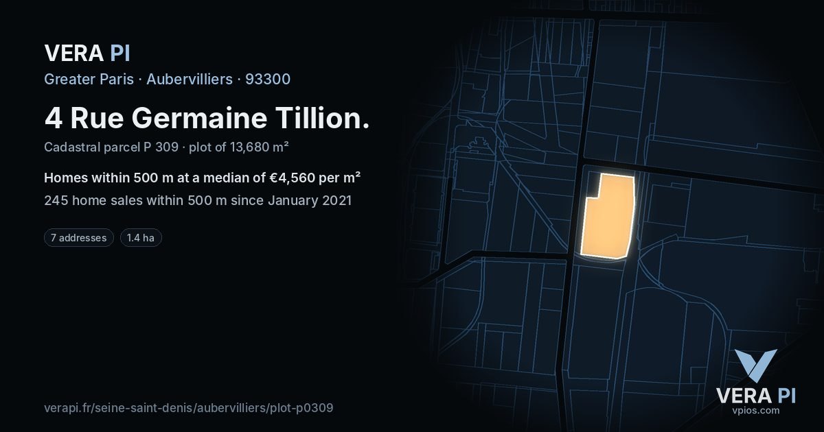 4 Rue Germaine Tillion, Aubervilliers at night – the plot lit, the parcels around coloured by the prices near them