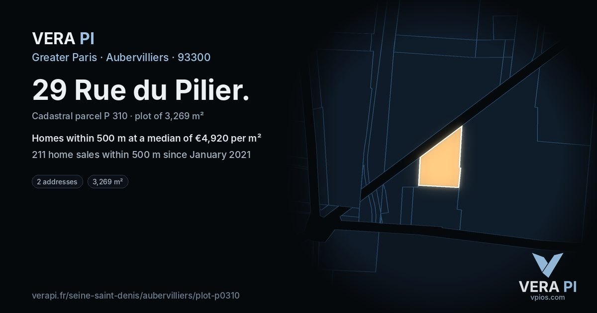 29 Rue du Pilier, Aubervilliers at night – the plot lit, the parcels around coloured by the prices near them