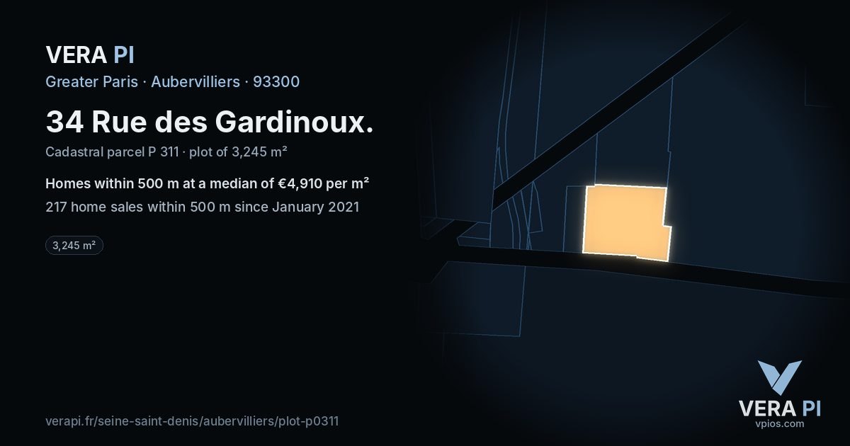 34 Rue des Gardinoux, Aubervilliers at night – the plot lit, the parcels around coloured by the prices near them