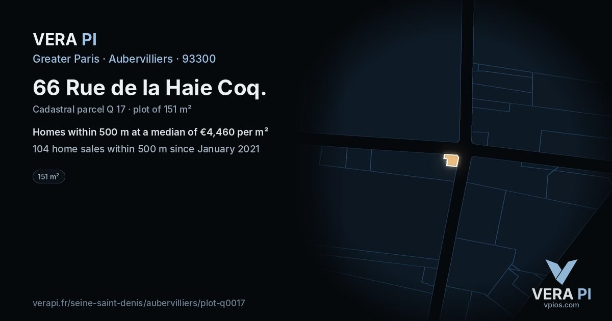 66 Rue de la Haie Coq, Aubervilliers at night – the plot lit, the parcels around coloured by the prices near them