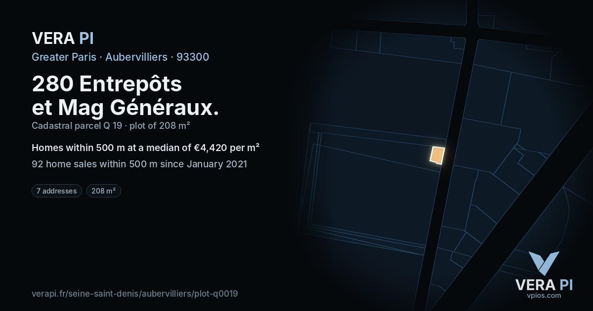 280 Entrepôts et Mag Généraux, Aubervilliers at night – the plot lit, the parcels around coloured by the prices near them