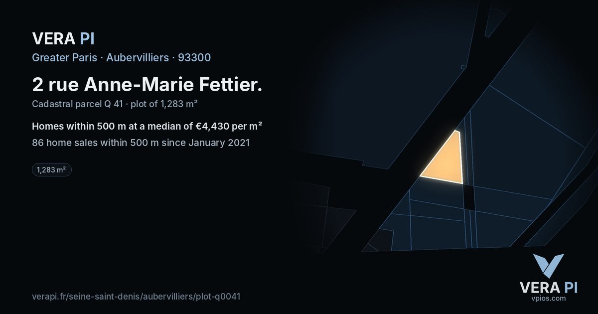 2 rue Anne-Marie Fettier, Aubervilliers at night – the plot lit, the parcels around coloured by the prices near them