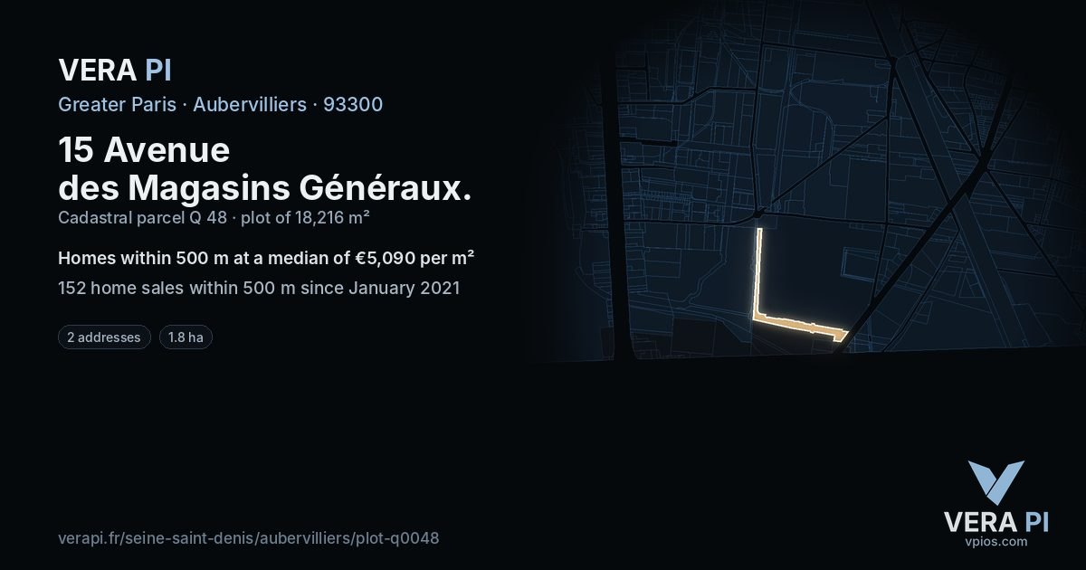 15 Avenue des Magasins Généraux, Aubervilliers at night – the plot lit, the parcels around coloured by the prices near them
