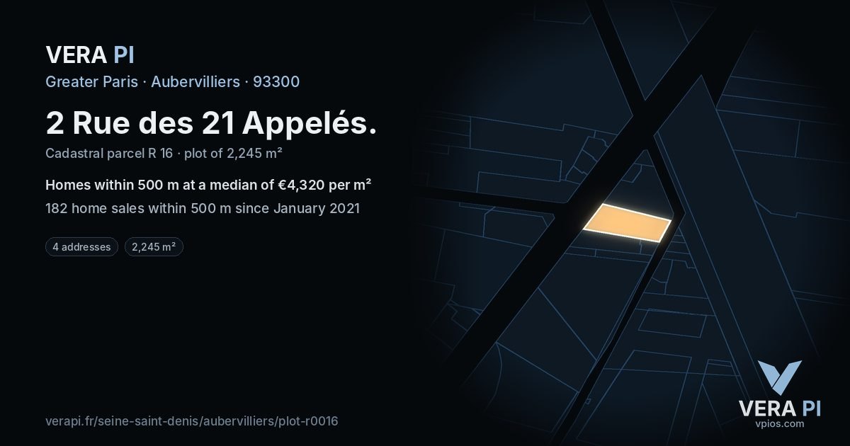 2 Rue des 21 Appelés, Aubervilliers at night – the plot lit, the parcels around coloured by the prices near them