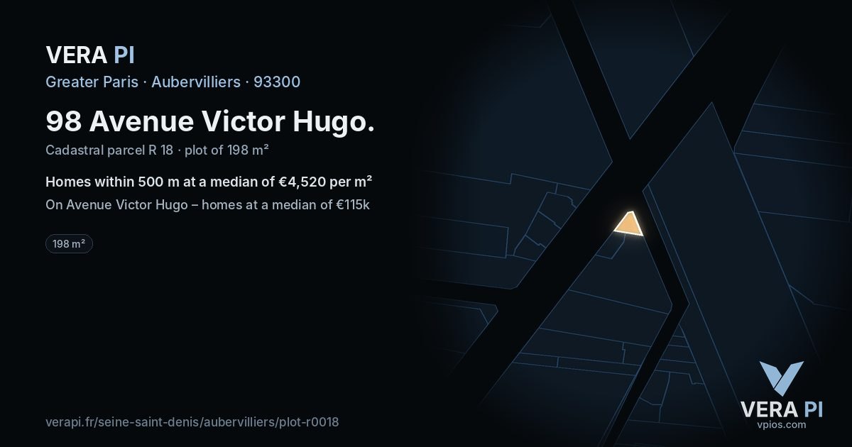 98 Avenue Victor Hugo, Aubervilliers at night – the plot lit, the parcels around coloured by the prices near them