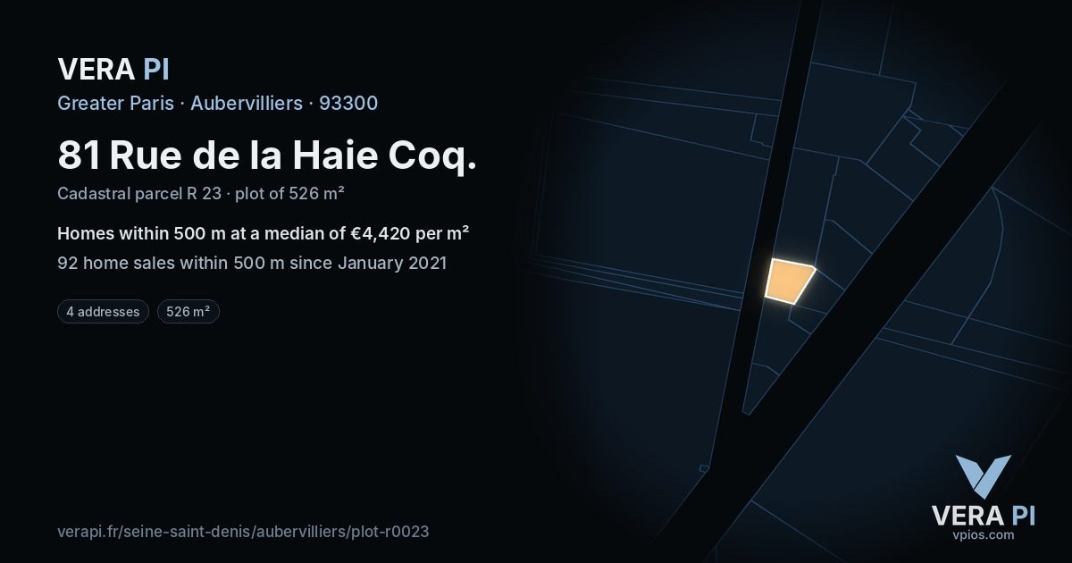 81 Rue de la Haie Coq, Aubervilliers at night – the plot lit, the parcels around coloured by the prices near them