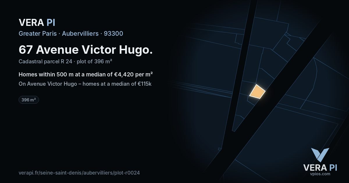67 Avenue Victor Hugo, Aubervilliers at night – the plot lit, the parcels around coloured by the prices near them