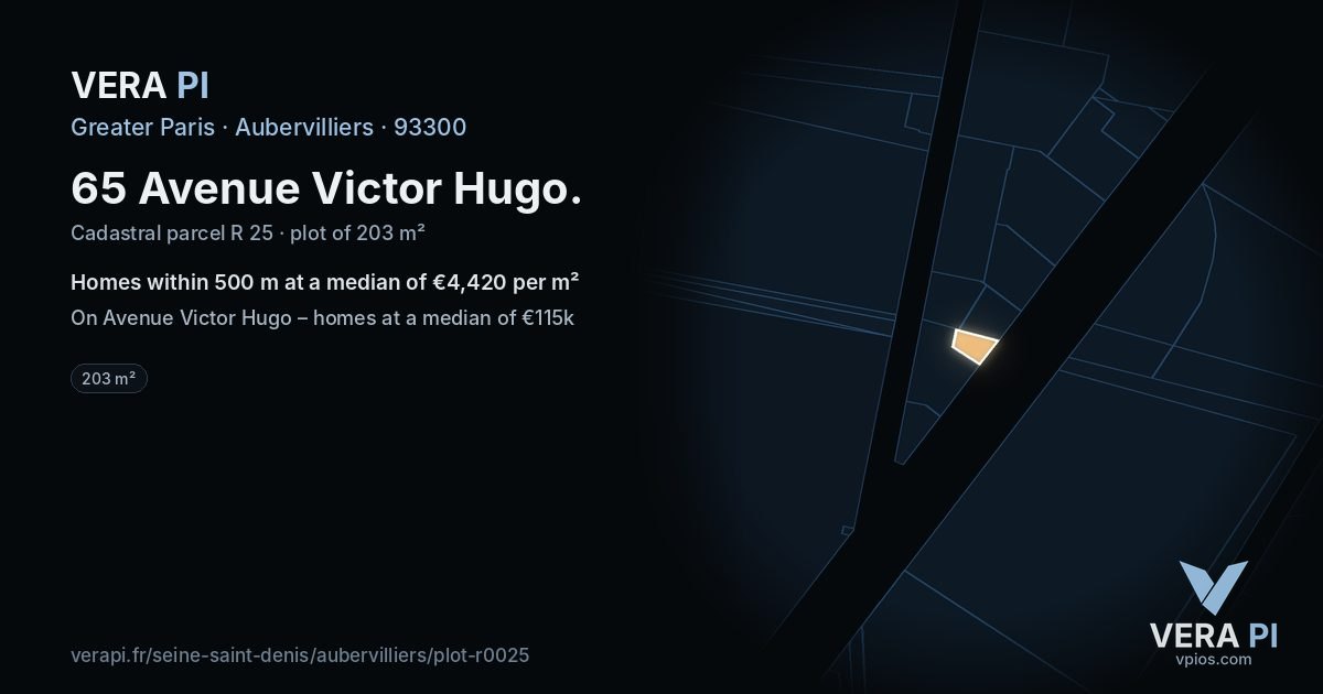 65 Avenue Victor Hugo, Aubervilliers at night – the plot lit, the parcels around coloured by the prices near them