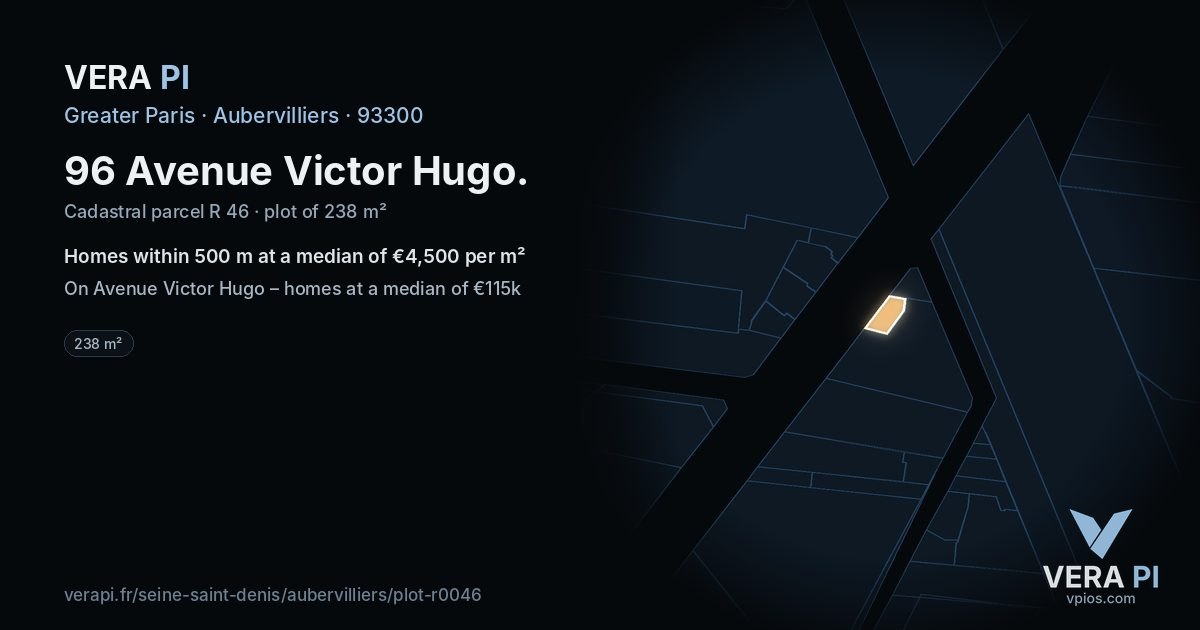 96 Avenue Victor Hugo, Aubervilliers at night – the plot lit, the parcels around coloured by the prices near them