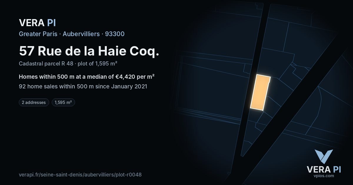 57 Rue de la Haie Coq, Aubervilliers at night – the plot lit, the parcels around coloured by the prices near them