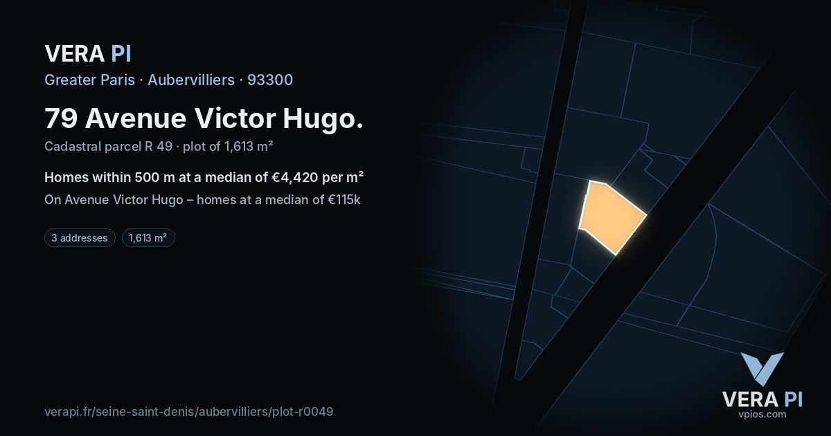 79 Avenue Victor Hugo, Aubervilliers at night – the plot lit, the parcels around coloured by the prices near them