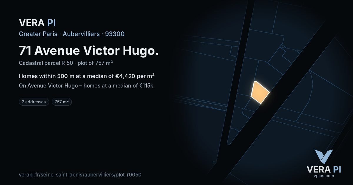 71 Avenue Victor Hugo, Aubervilliers at night – the plot lit, the parcels around coloured by the prices near them