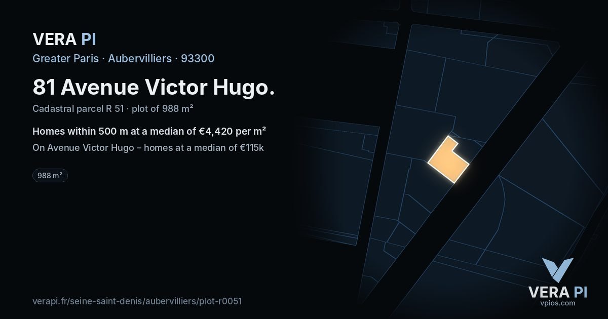81 Avenue Victor Hugo, Aubervilliers at night – the plot lit, the parcels around coloured by the prices near them
