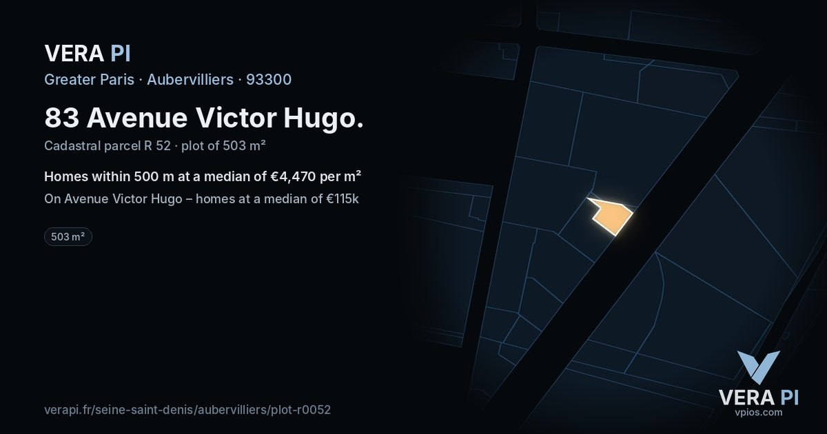 83 Avenue Victor Hugo, Aubervilliers at night – the plot lit, the parcels around coloured by the prices near them