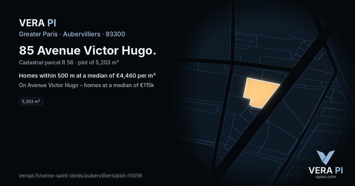 85 Avenue Victor Hugo, Aubervilliers at night – the plot lit, the parcels around coloured by the prices near them