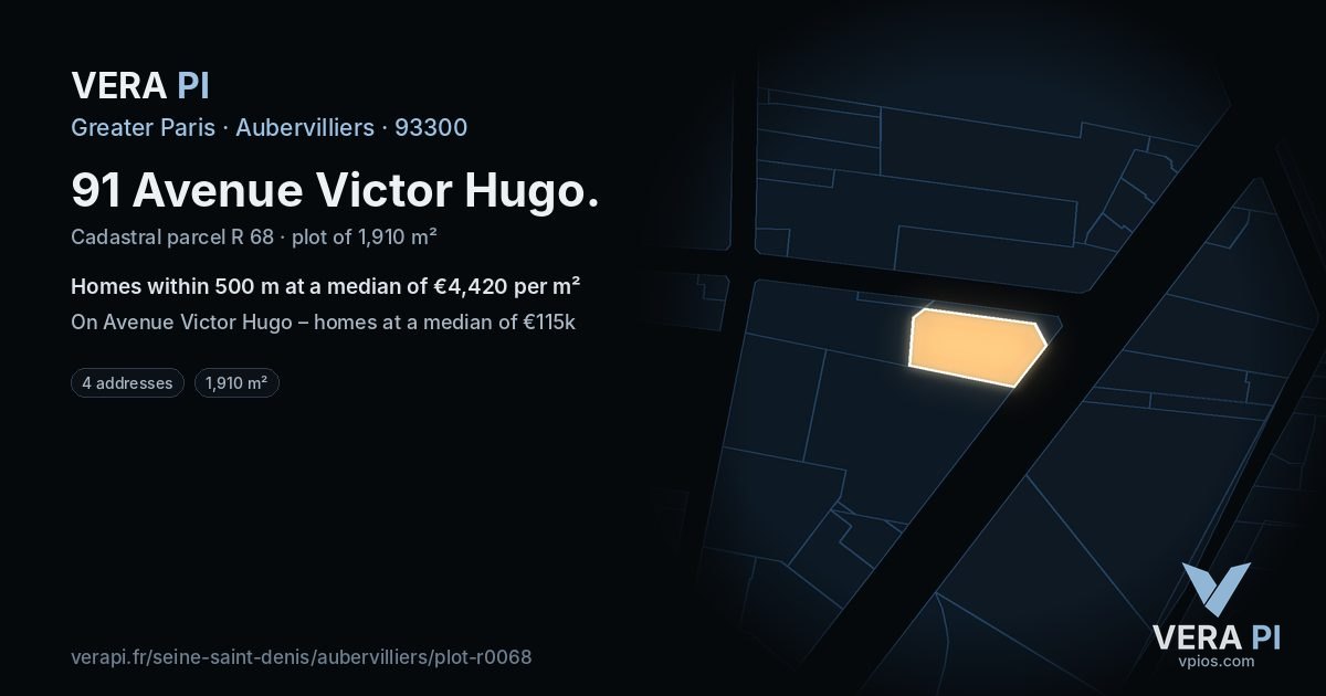 91 Avenue Victor Hugo, Aubervilliers at night – the plot lit, the parcels around coloured by the prices near them