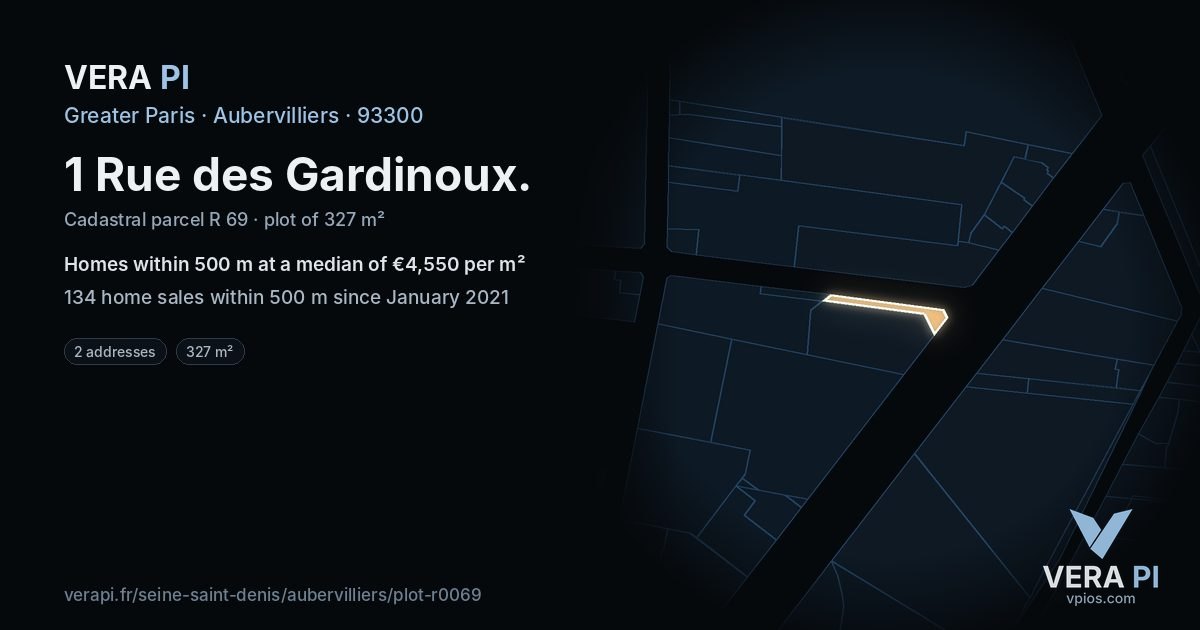 1 Rue des Gardinoux, Aubervilliers at night – the plot lit, the parcels around coloured by the prices near them
