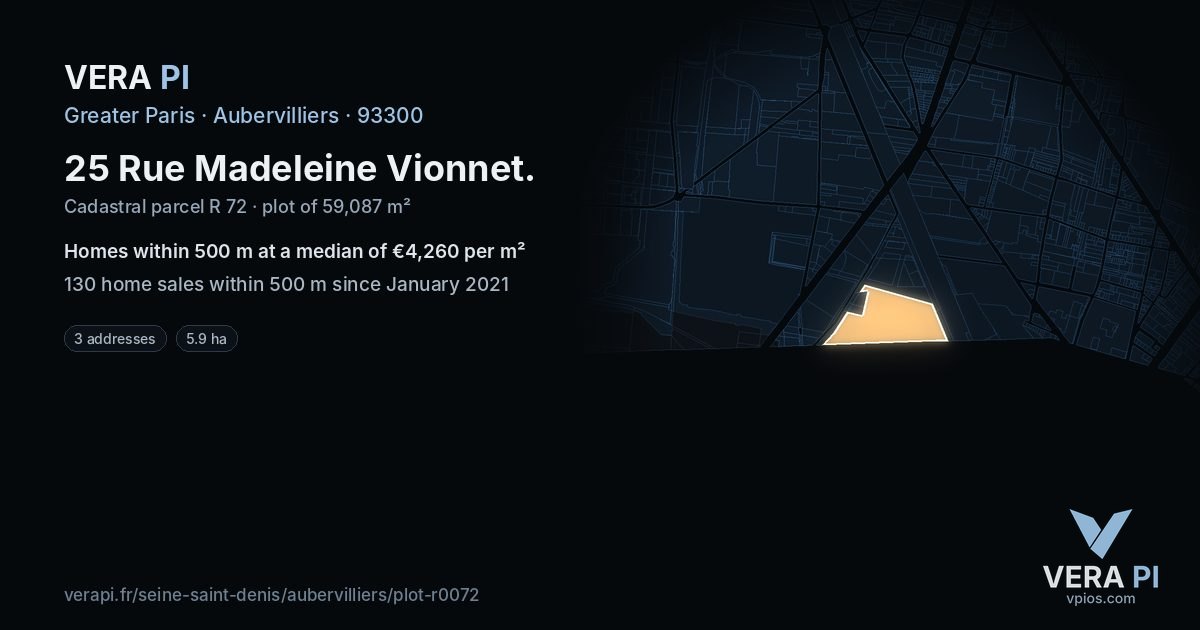 25 Rue Madeleine Vionnet, Aubervilliers at night – the plot lit, the parcels around coloured by the prices near them