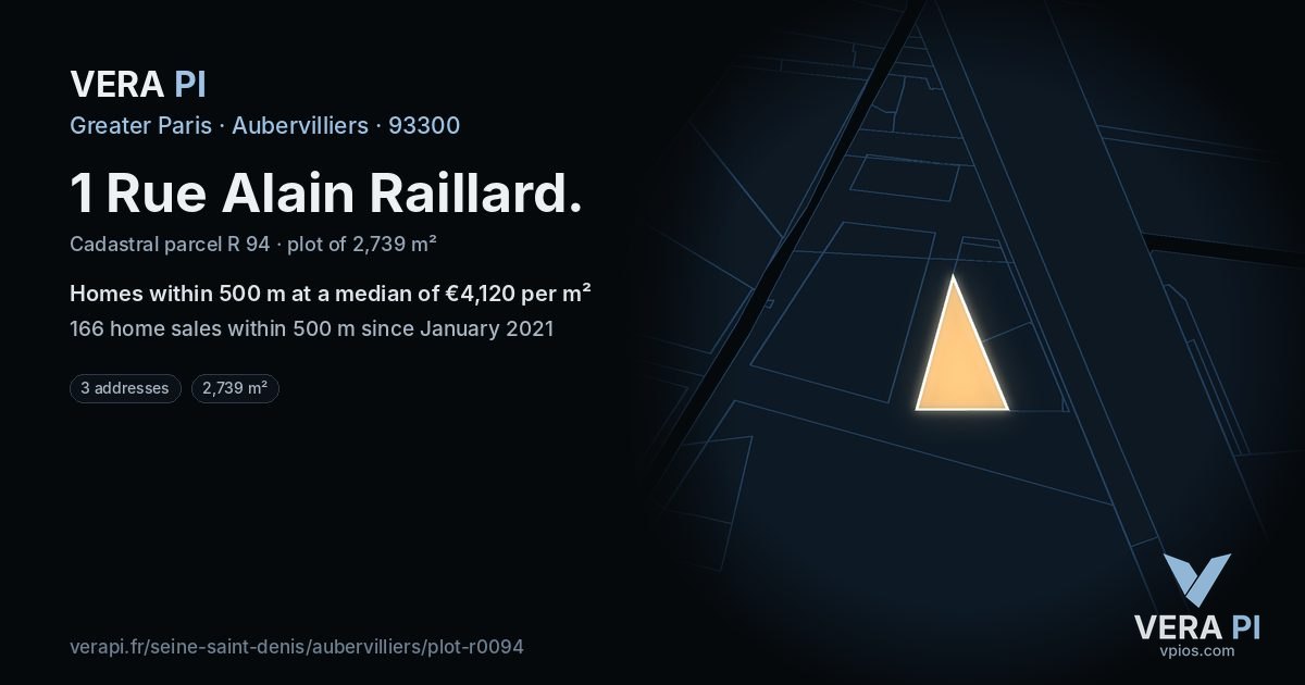 1 Rue Alain Raillard, Aubervilliers at night – the plot lit, the parcels around coloured by the prices near them