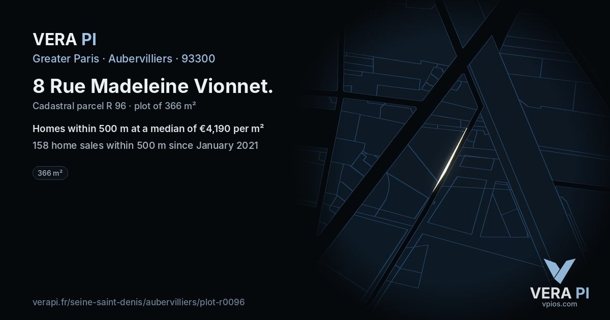 8 Rue Madeleine Vionnet, Aubervilliers at night – the plot lit, the parcels around coloured by the prices near them