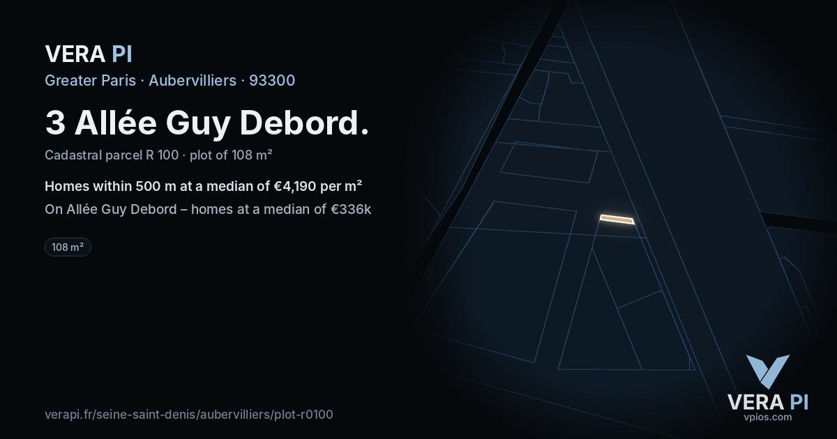 3 Allée Guy Debord, Aubervilliers at night – the plot lit, the parcels around coloured by the prices near them