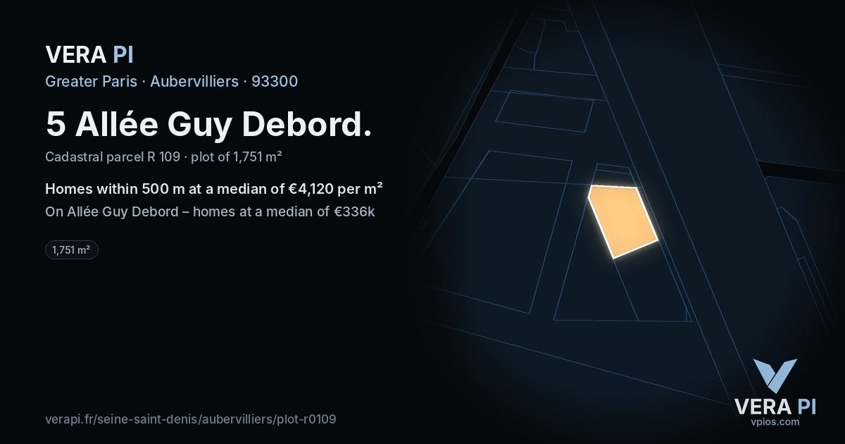 5 Allée Guy Debord, Aubervilliers at night – the plot lit, the parcels around coloured by the prices near them