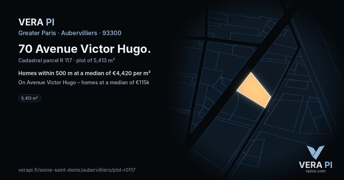 70 Avenue Victor Hugo, Aubervilliers at night – the plot lit, the parcels around coloured by the prices near them