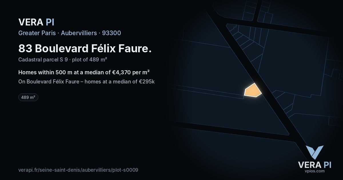 83 Boulevard Félix Faure, Aubervilliers at night – the plot lit, the parcels around coloured by the prices near them