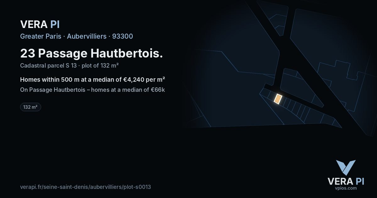 23 Passage Hautbertois, Aubervilliers at night – the plot lit, the parcels around coloured by the prices near them