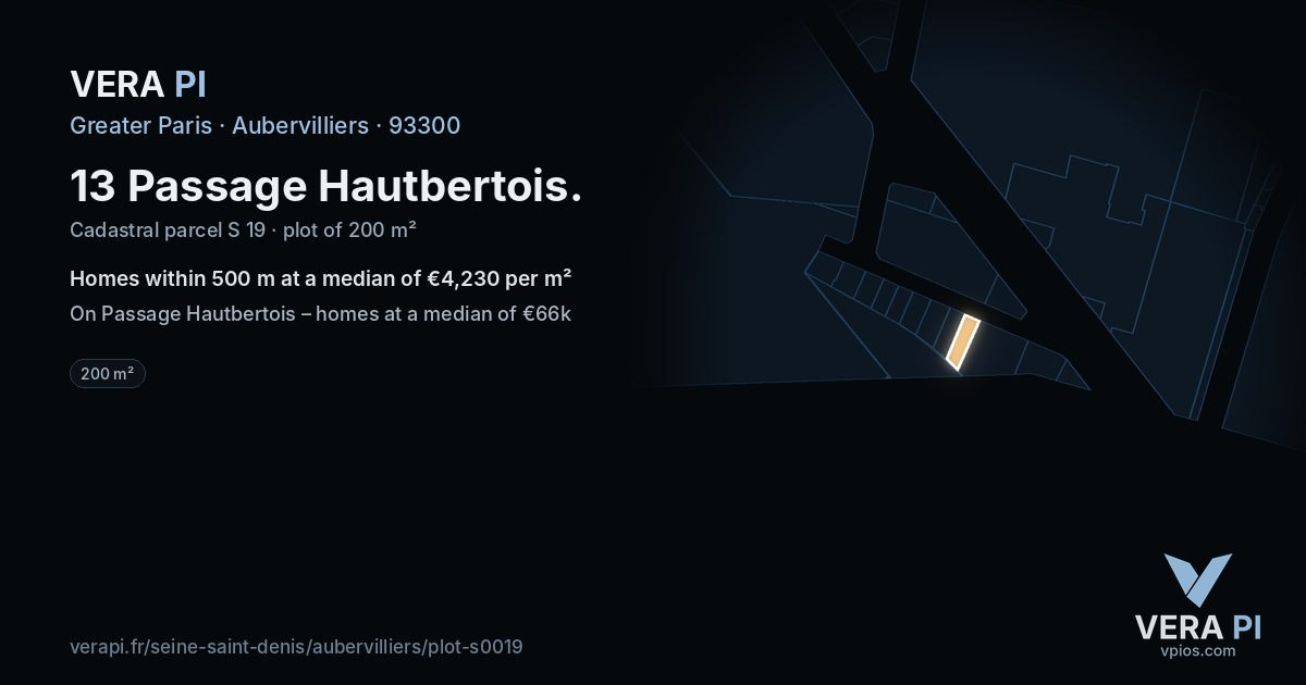 13 Passage Hautbertois, Aubervilliers at night – the plot lit, the parcels around coloured by the prices near them